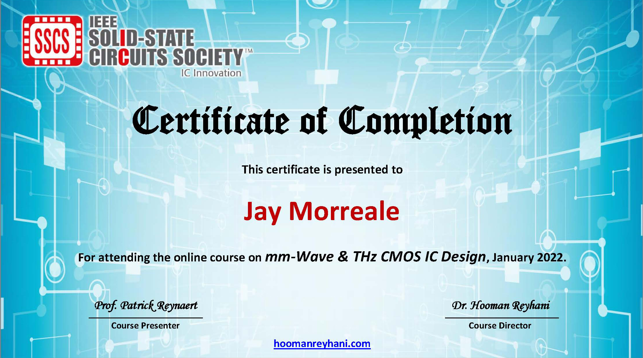 Jay Morreale mm-Wave &amp; THz CMOS Design Certificate of Completion