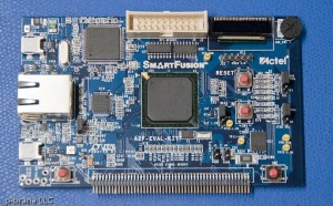 Photograph of the top of the SmartFusion evaluation board.