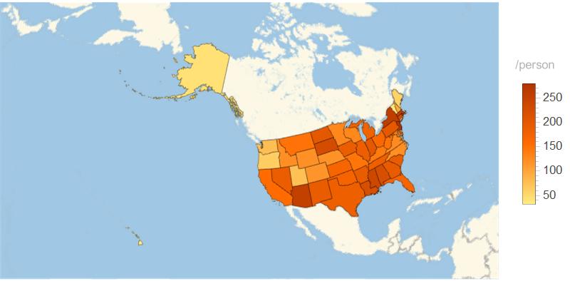 COVID-19 Death Rate per 100,000 people by state using the April 11, 2021 Wolfram dataset.